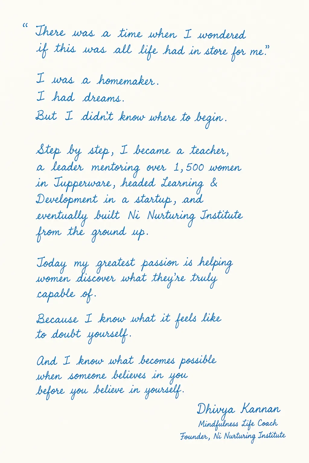 A handwritten letter from Dhivya Kannan